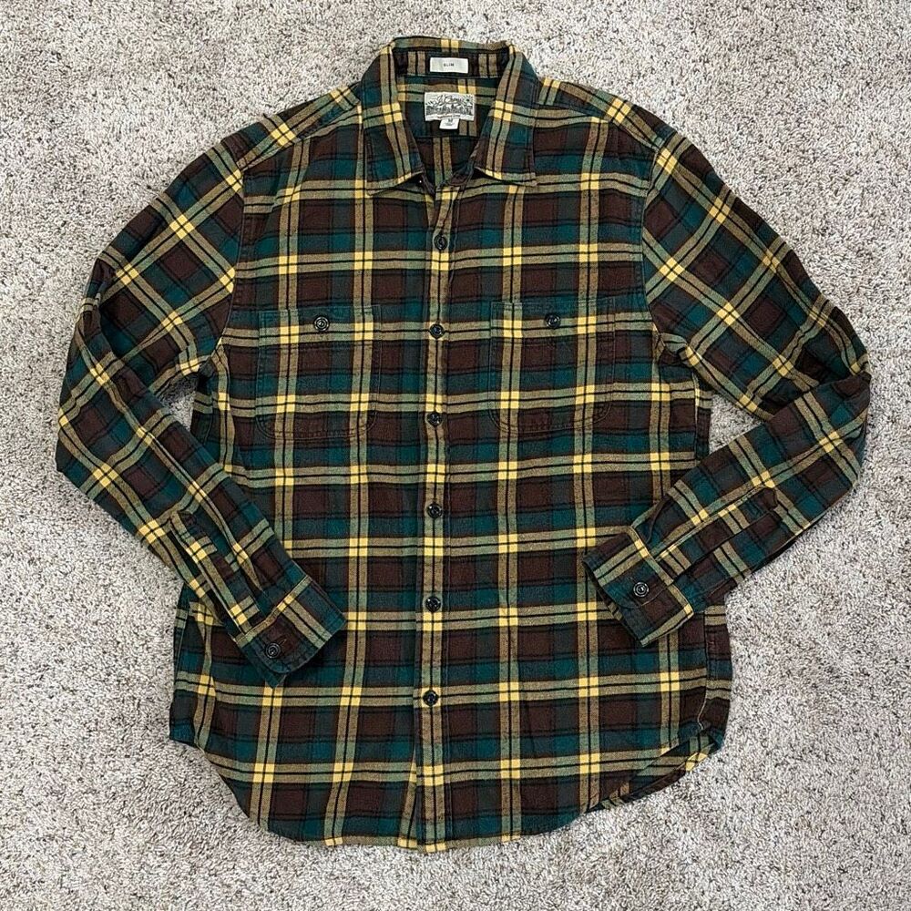 J. Crew Brown Green Yellow Plaid Slim Fit Flannel Shirt Men’s Medium - Picture 2 of 5
